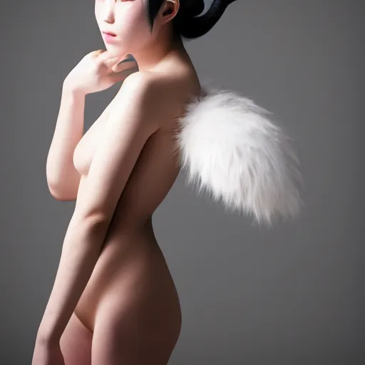 Image similar to full body aesthetic photograph of a beautiful young Japanese woman with furry white cat ears, by Nick Knight, headshot, realistic, photorealistic, HD, 4k resolution