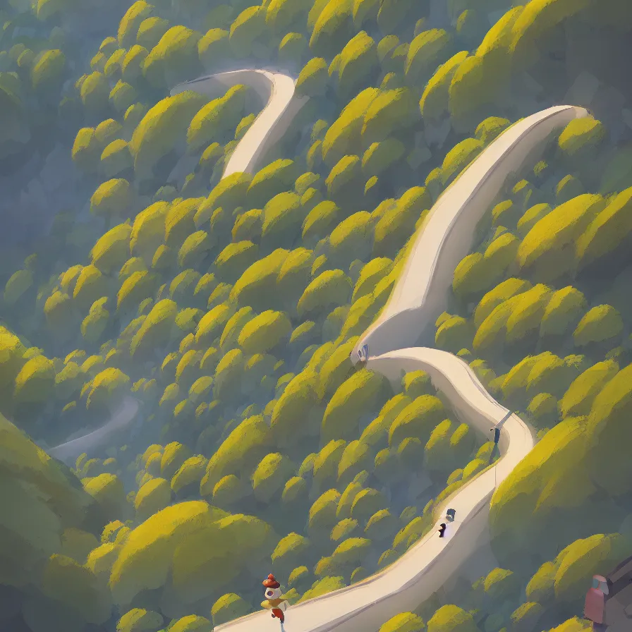 Prompt: Goro Fujita illustrating View from above of a mountain road descending in curves, art by Goro Fujita, concept art, sharp focus, ArtStation