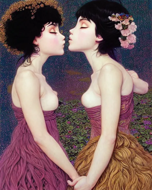 Image similar to portrait of two beautiful cute young maiden girls kissing with short white hairs in warhammer armor, art by ( ( ( kuvshinov ilya ) ) ) and wayne barlowe and gustav klimt and artgerm and wlop