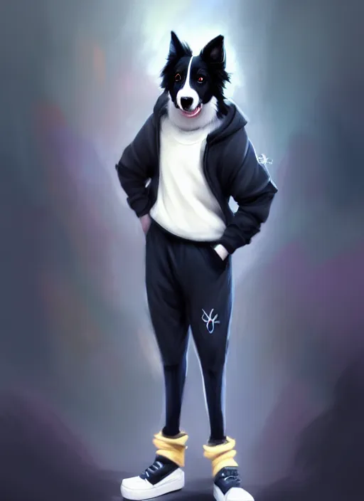 Prompt: wide angle beautiful full body portrait of a cute male anthropomorphic anthro border collie fursona wearing a tracksuit in a dark city, character design by charlie bowater, henry asencio, and ross tran, furry art, furaffinity, beautiful, glamor pose, detailed, aesthetic, trending on artstation
