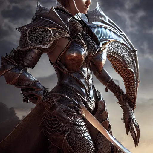 Image similar to highly detailed realistic stunning shot of a beautiful elegant anthropomorphic female dragon knight, resting a detailed and engraved longsword over her armored shoulder, cloak flittering in the wind, high quality, HD octane render, epic cinematography, Artstation, Deviantart, Furaffinity