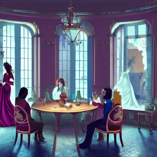 Prompt: A group of two women and two men sitting around a table in a fancy hall, each one with fancy dresses and a maid standing behind of them, daylight illumination through the windows, 4k, digital art