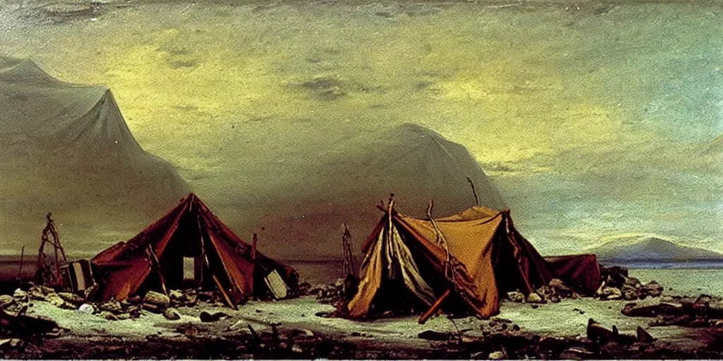 Image similar to remains of an abandoned camp of franklin ’ s lost expedition on an desolate arctic island, romanticist oil painting