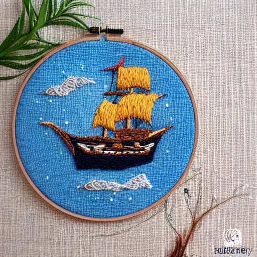 Image similar to a tiny beautiful handmade embroidery of a pirate ship on the ocean. hand embroidery.