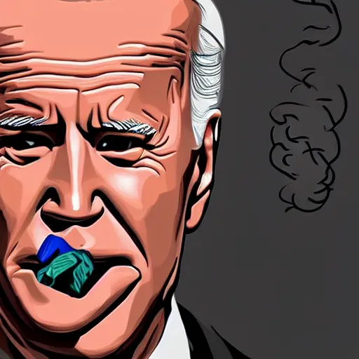 Prompt: joe biden smoking a rolled marijuana joint, amazing detail, realistic digital art, artstation