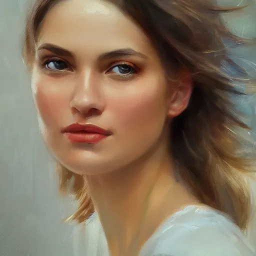 Image similar to super close - up of a beautiful woman's face, morning, highly detailed, ultrarealistic oil painting, vladimir volegov, artstation