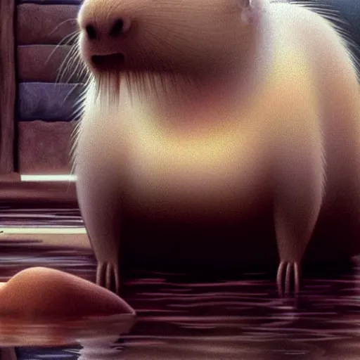 Image similar to a capybara sitting in a steaming bathtub in the animated movie spirited away by hayao miyazaki!!!!, studio ghibli, animated movie, anime, beautiful