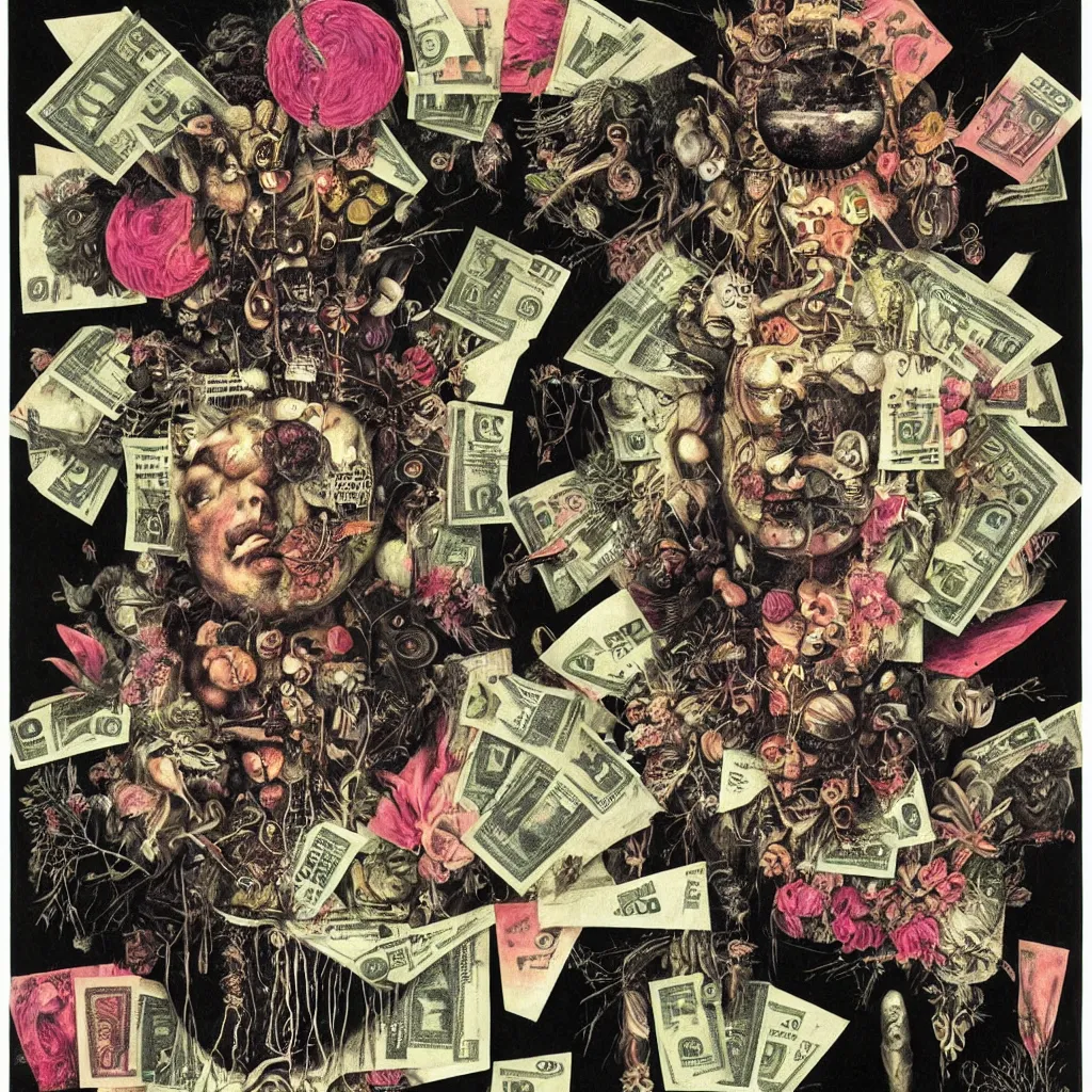 Image similar to post - punk new age album cover, asymmetrical design, dollar bank notes, capitalism, magic, apocalypse, psychedelic, black white pink, magic, giger h. r., giuseppe arcimboldo