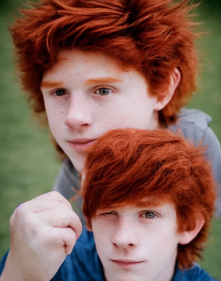 Image similar to portrait of a15 year old red-haired boy, f2.8 50mm lens, canon