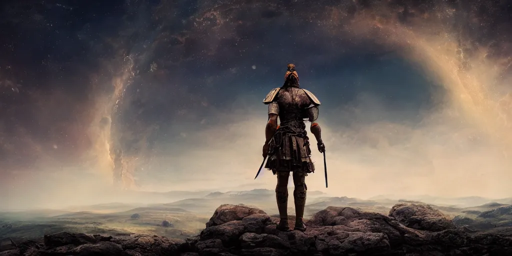 Image similar to beautiful cinematic artwork from behind a warrior standing on the battlefield looking up at the sky, the sky has a portal the the cosmos, by greg rutowski, masterpiece, 4k