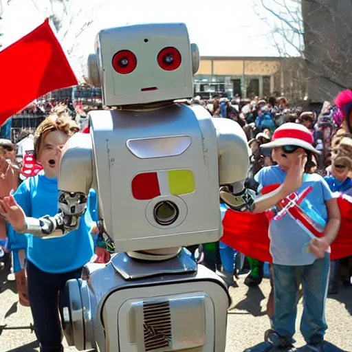 Image similar to robot parade, robots obey what the children say, wave the flag that the robot made