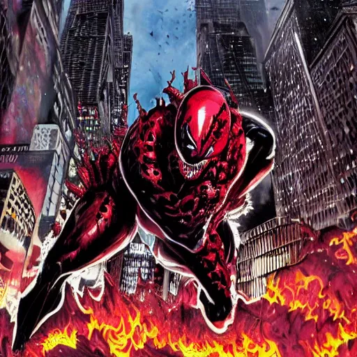 Image similar to carnage symbiote destroying new york city on a dark and gloomy night