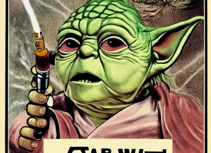 Prompt: vintage 1 9 7 7 star wars movie poster, of yoda with bloodshot eyes smoking a huge marijuana cigarette, surrounded by cannabis plants