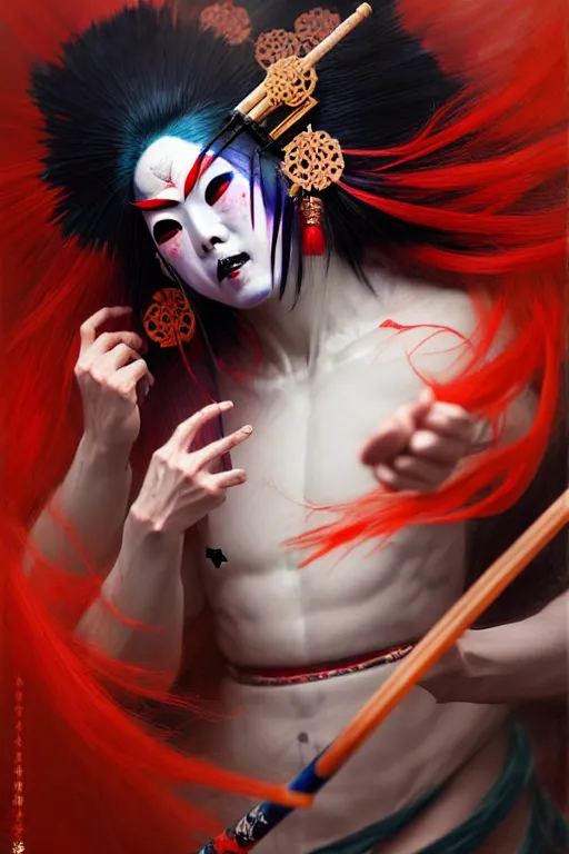 Image similar to an insane kabuki warrior wielding a spear while emitting a visible aura of madness, intricate kimono, red wig, crossed eyes, hazy atmosphere, high energy, in the style of fenghua zhong and ruan jia and jeremy lipking and peter mohrbacher, mystical colors, rim light,