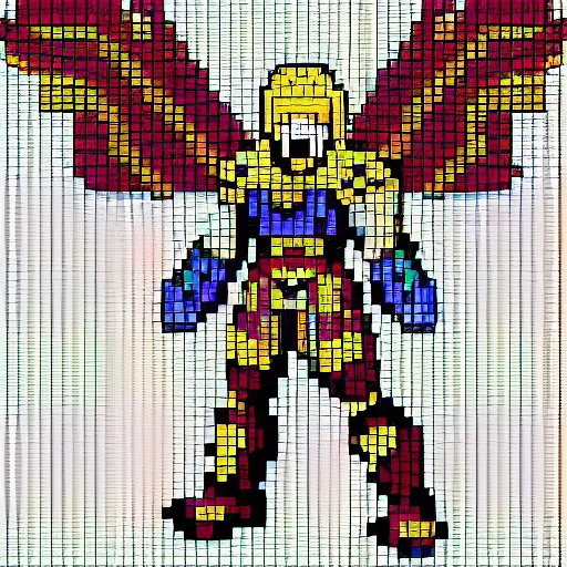 Prompt: an angel, super nintendo game sprite, pixelate, symetric, barroque armor, warrior platinum armor