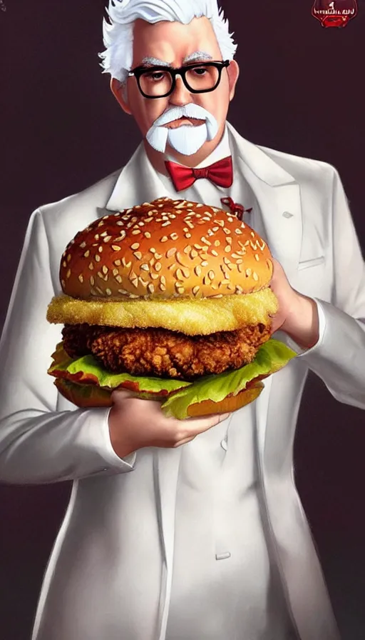 Image similar to a full body portrait of colonel sanders the fried chicken god, presenting the zinger burger!! extremely beautiful, anatomically accurate, by artgerm and by greg rutkowski and by alphonse mucha and by simon bisley, radiant light, detailed and intricate environment,