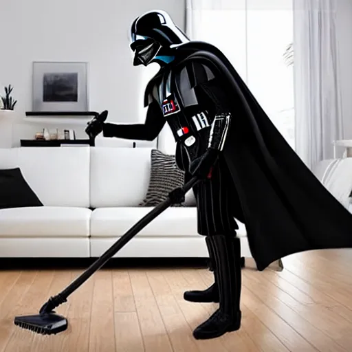 Image similar to Darth Vader vacuuming the house, photo realistic, award-winning, highly-detailed