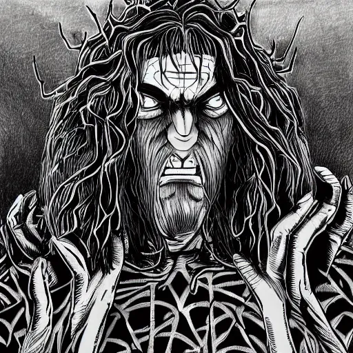 Image similar to Metalocalypse by Kentaro Miura, highly detailed, black and white