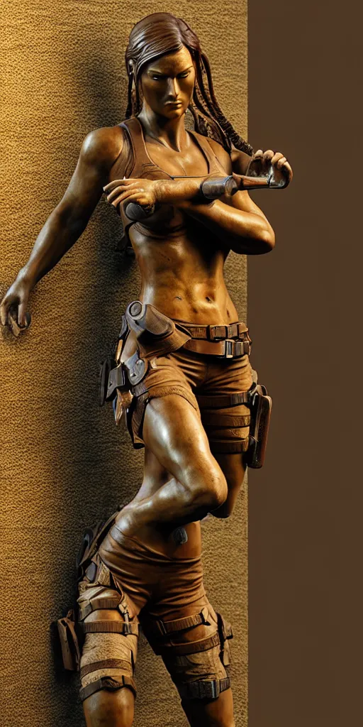 Image similar to detailed studio photo of old bronze patina statue lara croft, full body portrait, various bending poses, photorealism, intricate detail, museum diffuse lighting