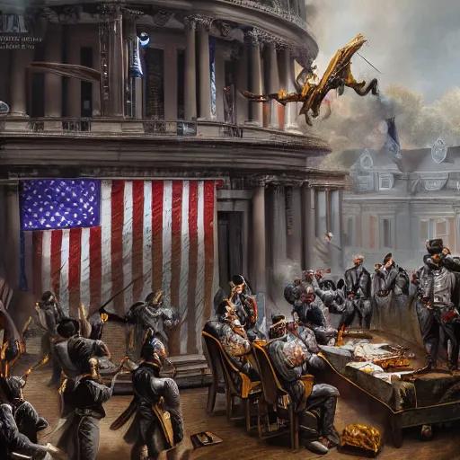 Prompt: founding fathers of america getting raided by swat, highly detailed painting, 4 k resolution photorealistic, high resolution, vray, hdr, hyper detailed, insane details, intricate, elite, ornate, elegant, luxury, dramatic lighting, octane render, weta digital, micro details, 3 d sculpture