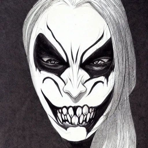 Image similar to an ink drawing of cracked white mask, scary smile, deviant art, artgerm