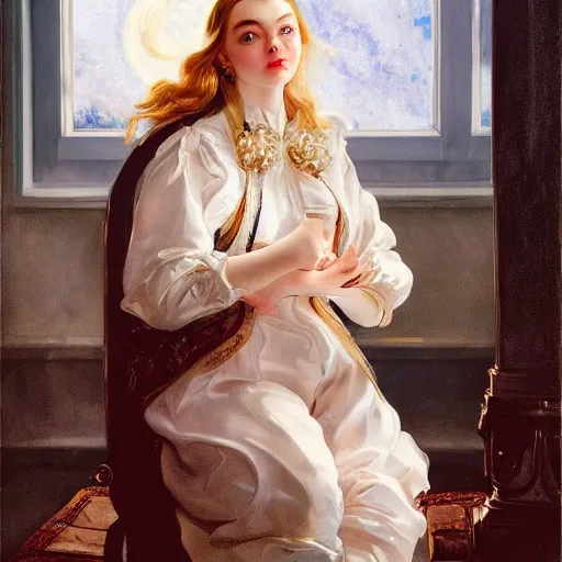 Prompt: leyendecker and peter paul rubens, head and shoulders portrait of a elle fanning by the fireplace, nighttime, starry sky outside the window, unreal engine, fantasy art by global illumination, radiant light, detailed and intricate environment