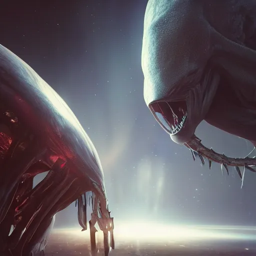 Image similar to a horrified man on a spaceship face to face with an alien from another galaxy, volumetric lighting, 8 k octane beautifully detailed render, post - processing, extremely hyper - detailed, intricate, epic composition, cinematic lighting, masterpiece, trending on artstation, detailed detailed detailed, masterpiece, beautiful cinematic light,