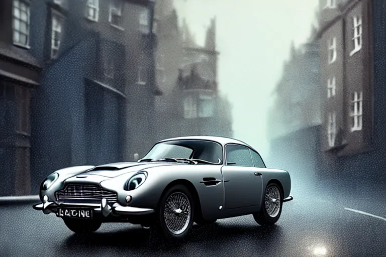 Image similar to a wholesome animation key shot of one focused aston martin db 5, parked on a side of a wet london street, raining, medium range, studio ghibli, pixar and disney animation, sharp, very detailed, octane render, 4 k, high resolution, anime key art by greg rutkowski, dull diffused side lighting