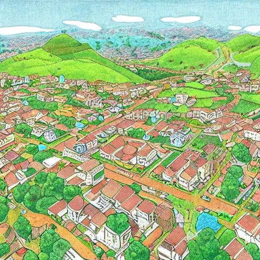 Prompt: small town seen from above by ken sugimori