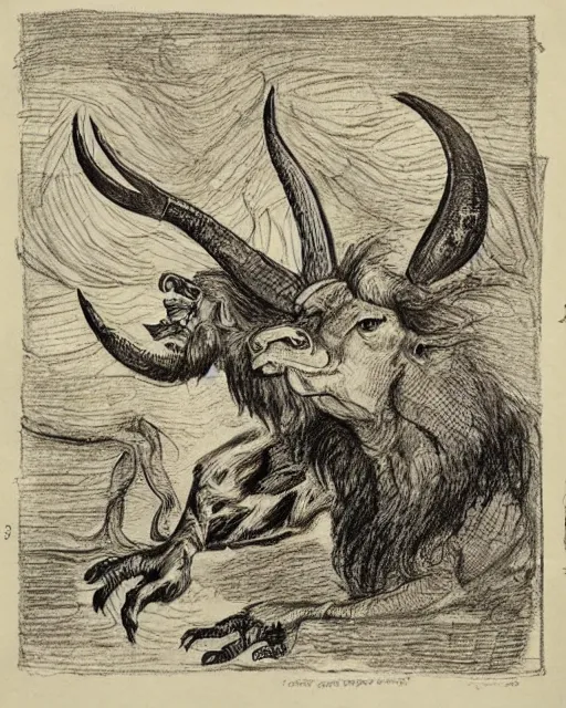 Image similar to a creature with the body and eyes of a man, with the beak of an eagle, the mane of a lion, and the horns of an ox. drawn by francis bacon