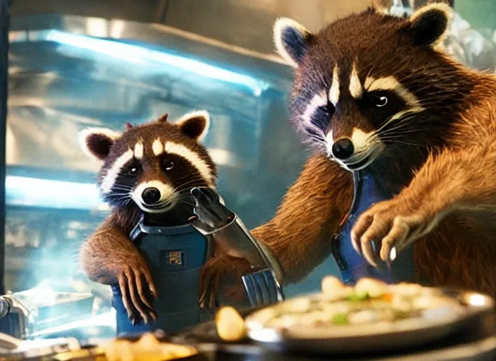 Image similar to film still of Rocket Racoon working as a food truck chef in the new Guardians of the Galaxy movie, 4k