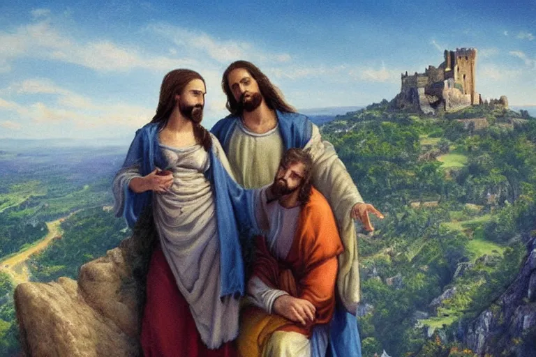 Prompt: selfie from a mobile phone of jesus and mary magdalene standing on a cliff looking over a beautiful landscape with castles in france, award winning photo, very detailed, very realistic