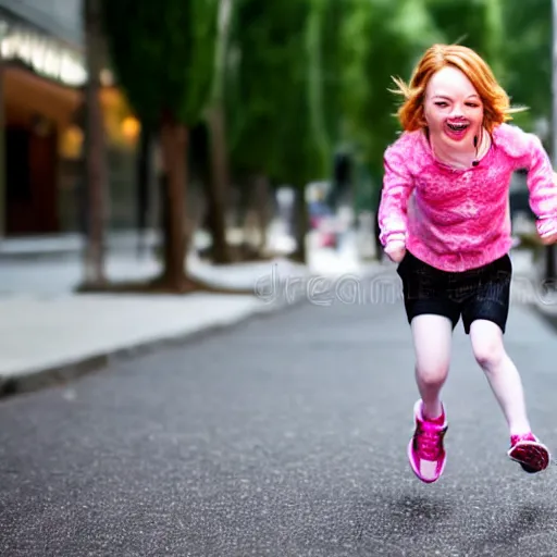 Image similar to portrait of midget emma stone running down a sidewalk, sharp focus, 4 k editorial photograph, soft lighting