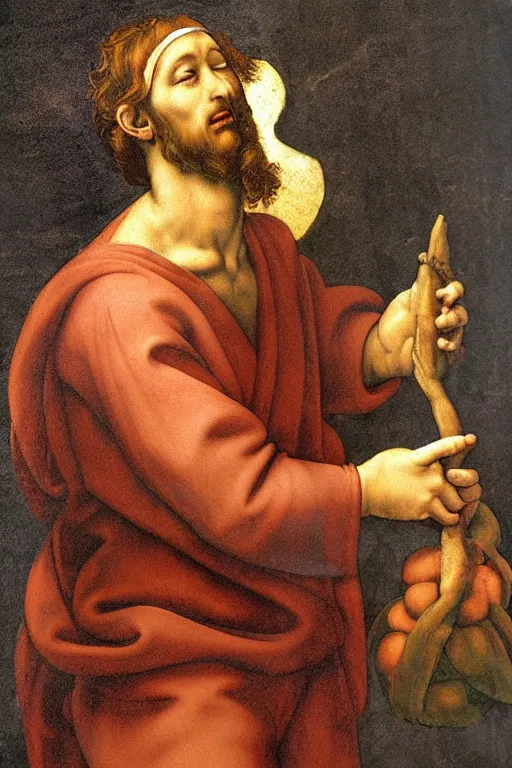 Image similar to michelangelo painting of jesus christ with blindfold!!!!!! holding cornucopia!!!!!!