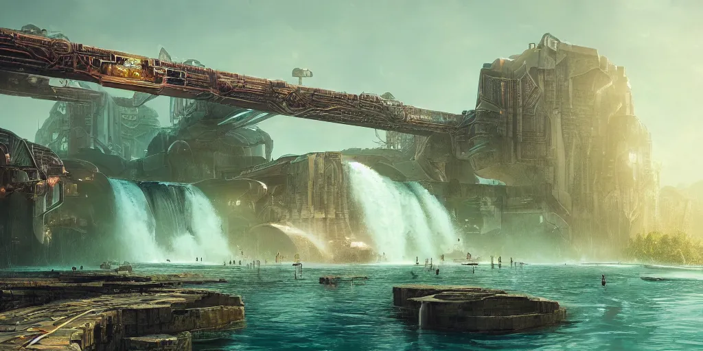 Prompt: alien spacecraft hovering over beautiful pool waterfalls surrounded by alien robots, steel archways, industrial buildings, rusty metal towers, sun setting, ross tran, fantasy, james jean, cinematic lighting, digital painting, octane render