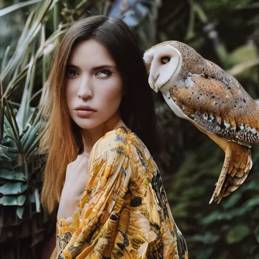 Prompt: head to shoulder portrait film photograph of an elegant top model wearing a yellow kimono with a very detailed barn owl on her shoulder!!! in a tropical greenhouse. looking at the camera!!. super resolution. 85 mm f1.8 lens.bokeh. graflex. by Alessio albi ! -