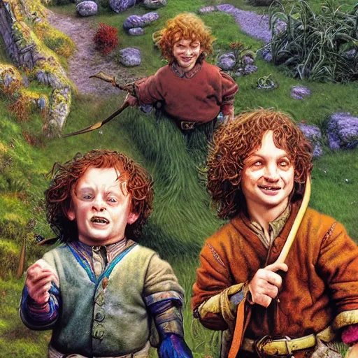 Image similar to halflings hobbits Merry and Pippin by Mark Brooks, Donato Giancola, Victor Nizovtsev, Scarlett Hooft, Graafland, Chris Moore