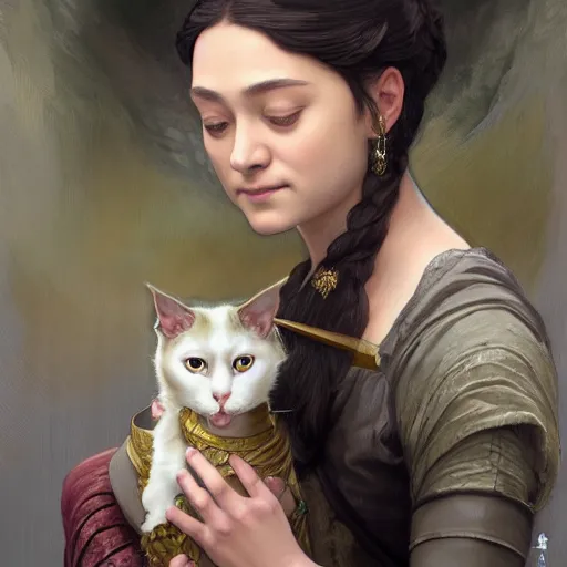 Image similar to Portrait of arya stark as javanese princess kissing a cat, elegant, digital painting, highly detailed, fantasy, artstation, concept art, smooth, sharp focus, illustration, art by William-Adolphe Bouguereau and artgerm and greg rutkowski and alphonse mucha