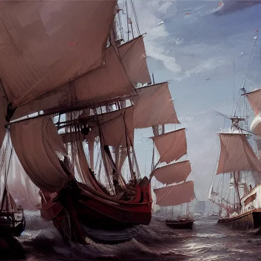 Prompt: masterpiece painting of a white sails and crimson hull, three mast brigantine pirate ship docked in a xix century port, by greg rutkowski and noah bradley, trending on artstation