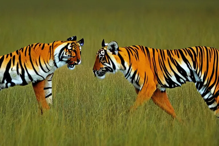 Image similar to an antelope and a tiger, the antelope is chasing the tiger golden hour, 6 0 0 mm, wildlife photo, national geographics