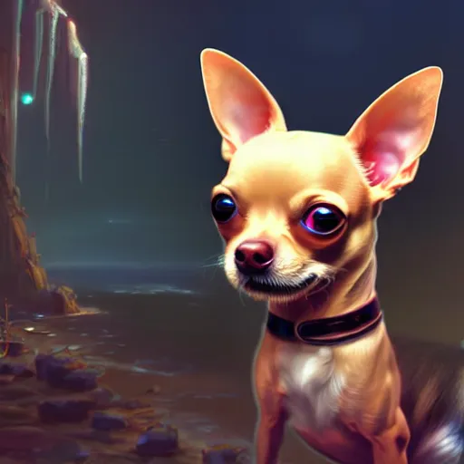 Image similar to a chihuahua with a third eye living in an extradimensional reality, in the style of wlop, illustration, epic, fantasy, hyper detailed, smooth, unreal engine, sharp focus, ray tracing, physically based rendering, renderman, beautiful