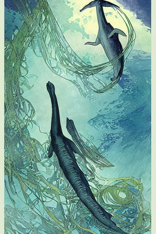 Image similar to a plesiosaur swimming in kelp in sinister green and blue lake, water color, art by artgerm and greg rutkowski and alphonse mucha and jin xiaodi and anthony devine