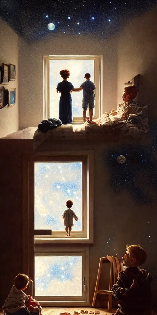 Image similar to a mother and her son looking at the wall of their bedroom and seeing the universe full of galaxies and planets, imagination, part by norman rockwell, part by greg rutkowski, part by mattias adolfsson, high angle, ( ( ( ( volumetric lighting ) ) ) ), oil on canvas