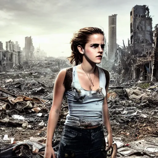 Image similar to concerned and tired emma watson in shredded dirty clothes rags, in the ruins of civilization after the apocalypse, looming city ruins backdrop, hd photo, high detail