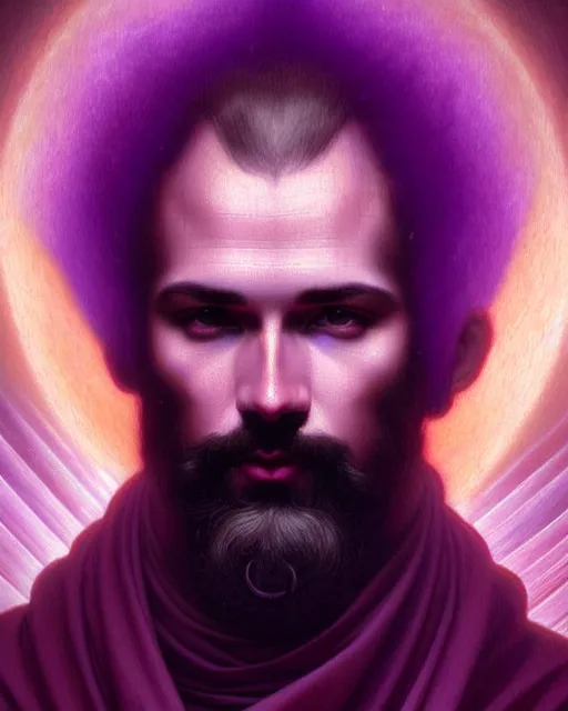 Image similar to portrait of saint germain, he is holding the violet purple indigo flame, completely violet colored, intricate, elegant, highly detailed, digital painting, artstation, concept art, smooth, sharp focus, illustration, art by artgerm and greg rutkowski and fra angelico and alphons mucha