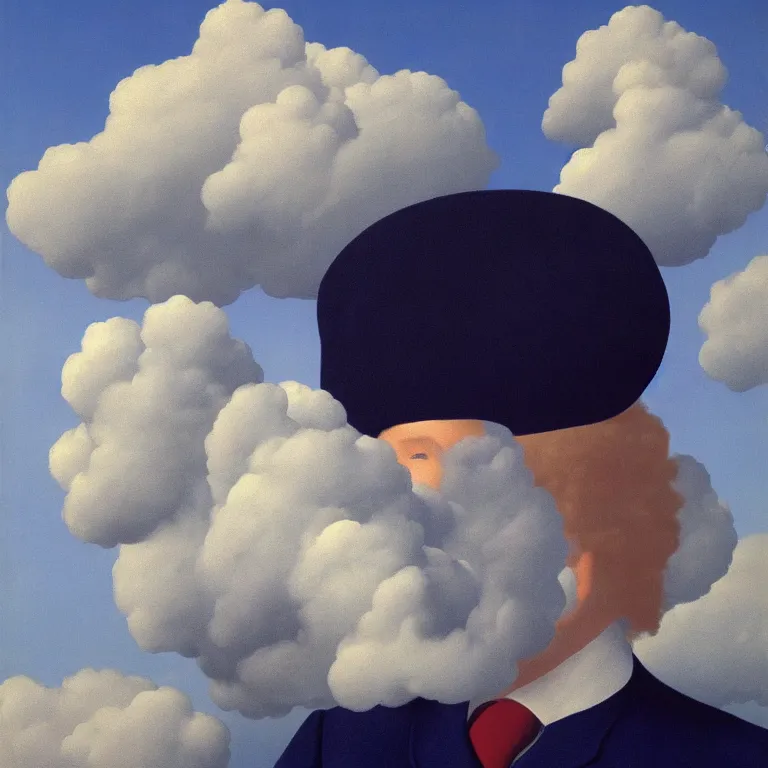 Image similar to portrait of a cloud man, by rene magritte, detailed painting, hd, hq, high resolution, high detail, 4 k, 8 k