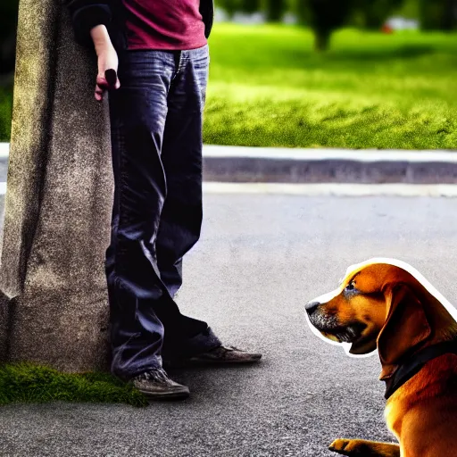 Image similar to photograph of a man with a dog begging!!!!!!!!!!!!!!!!!!!!! for food, 8k resolution, high detail, ULTRA REALISTIC VFX, reflections