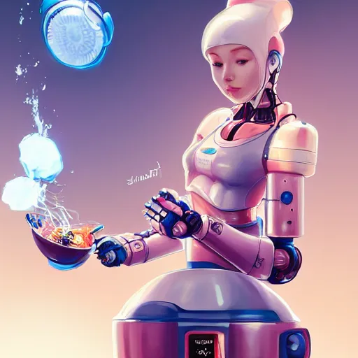 Image similar to a beautiful robot girl cooking breakfast | | cute - fine - face, pretty face, fine details by stanley artgerm lau, wlop, rossdraws, james jean, andrei riabovitchev, marc simonetti, and sakimichan, trending on artstation