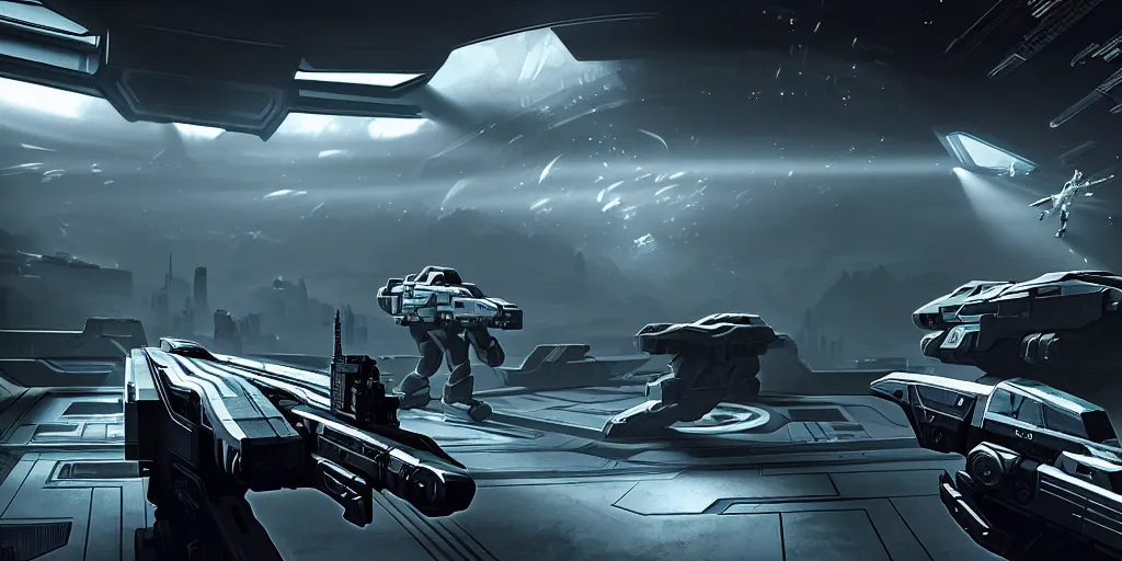 Prompt: ultra realistic, concept art, an assortment of futuristic laser guns laying on a table in a locker room, science fiction, intricate details, halo, mass effect, destiny, deus ex mankind revolution, eerie, highly detailed, octane render, unreal, straight lines, sharp