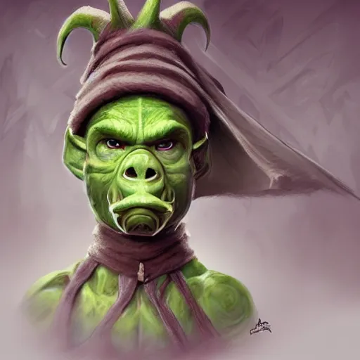 Prompt: Goblin Cleric with large expressive eyes and a scarf, hatched ear, green skin, highly detailed, by Luke Pearson, artgerm, digital illustration, concept art